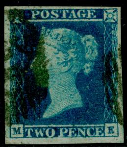 SG14, 2d blue PLATE 4, FINE USED. Cat £90. 4 MARGINS. ME