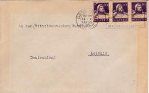 Switzerland 1931 10c Tell strip of 3 Geneva CDS & slogan to Leipzig