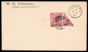 B. Honduras 1891 QV 2c on 1d carmine pair, one copy BISECTED on cover. SG 37,37a 
