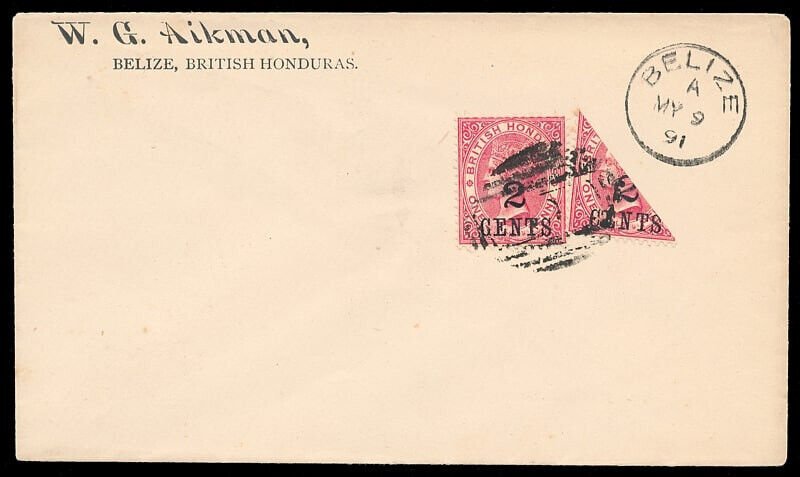 B. Honduras 1891 QV 2c on 1d carmine pair, one copy BISECTED on cover. SG 37,37a