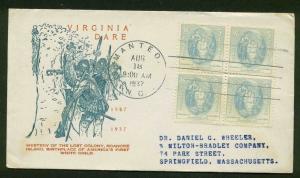 796 BLOCK of 4 VIRGINIA DARE FDC MANTEO, VA BRONESKY FLAT PRINT CACHET P796-22a