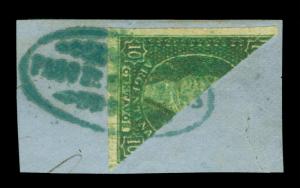 ARGENTINA 1865 Rivadavia 10c green Sc# 12a BISECT used on piece nice cxl w/Cert.