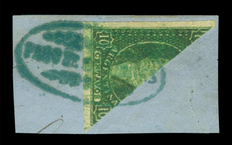 ARGENTINA 1865 Rivadavia 10c green Sc# 12a BISECT used on piece nice cxl w/Cert.