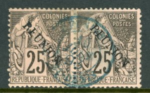 Reunion 1891 French Colonial Overprint 25¢ Black Pair VFU T486
