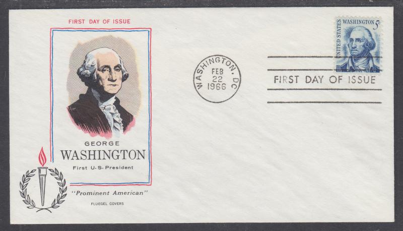 US Mel 1283-29 FDC. 1966 5c George Washington, Fluegel Color Cachet, VF