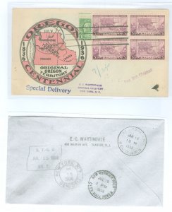 US 783 1936 3c Oregon Territory Centennial (block of four) on a special delivery addressed first day cover with a Walla Walla, W