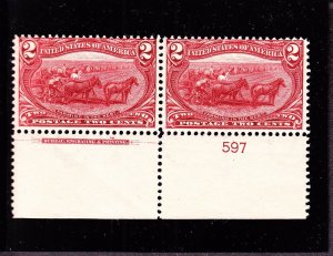 US 286 2c Trans-Mississippi Mint Bottom Plate #597 Pair Fine OG NH SCV $160