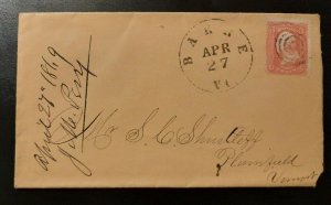 1869 Letter Cover Barre Plainfield Vermont Fancy Cancel