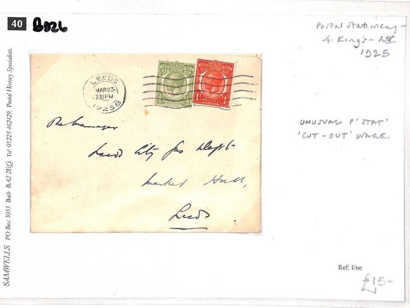 GB Cover KGV STATIONERY CUT-OUTS Usage Yorks Leeds 1925{samwells-covers}BD26