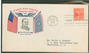 US 827 1938 22c Grover Cleveland (presidential/prexy series) single on an addressed first day cover with a Fidelity cachet.