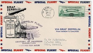 1933 Akron, Ohio cancel on Century of Progress zeppelin cover, Ioor cachet