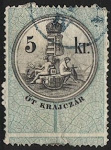 HUNGARY 1873  5kr Revenue Used VF, Barefoot 34, Blue DDSG ship cancel