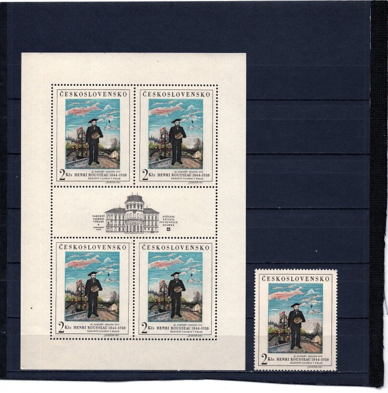 CZECHOSLOVAKIA 1967 PAINTINGS BY ROUSSEAU SET OF 1 STAMP & SHEET OF 4 STAMPS MNH