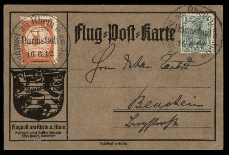 Germany 1912 Zeppelin Schwaben Si10.1.16 Darmstadt Airmail Cover Flugpost 89368