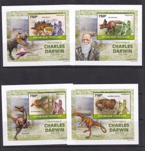 Togo 2010 Dinosaurs Charles Darwin 4 S/Sheets Deluxe Edition MNH