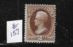 US #157 1873  2 CENT (JACKSON) BROWN - NO GRILL- MINT O.G. HINGED