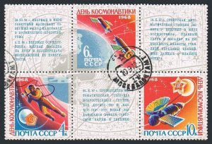 Russia 3456-3458a,CTO.Michel 3480-3482. Cosmonaut's Day 1968.Space walk,Venus.