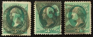 U.S. Used Stamp Scott #184 3c Washington Lot of 3 Numeral Fancy Cancels (1,2,3)