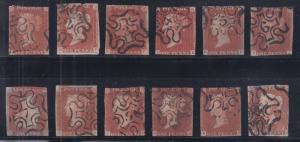 Great Britain Sc 3 used. 1841 1p red, set of 12 Maltese Cross numeral cancels