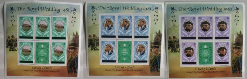 Caicos Islands 1981 Royal Wedding  (Turks & Caicos Islands Overprinted) 3 MS MNH