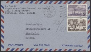 1951 Foreign Destination Cover Montreal to Sweden 15c Air Mail Rate #301 + #312