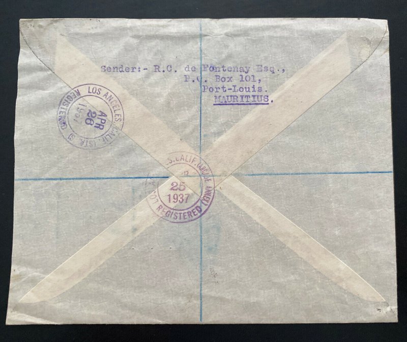 1937 Mauritius General Post Office Registered cover To Los Angeles CA USA 