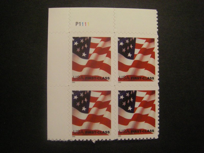 Scott 3621, 37c nondenominated Waving Flag, PB4 #P1111 UL, MNH Beauty