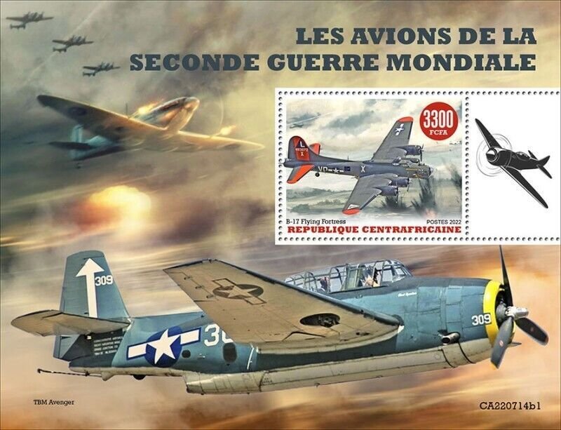 Central Africa - 2022 Planes of World War II - Stamp Souvenir Sheet - CA220714b1