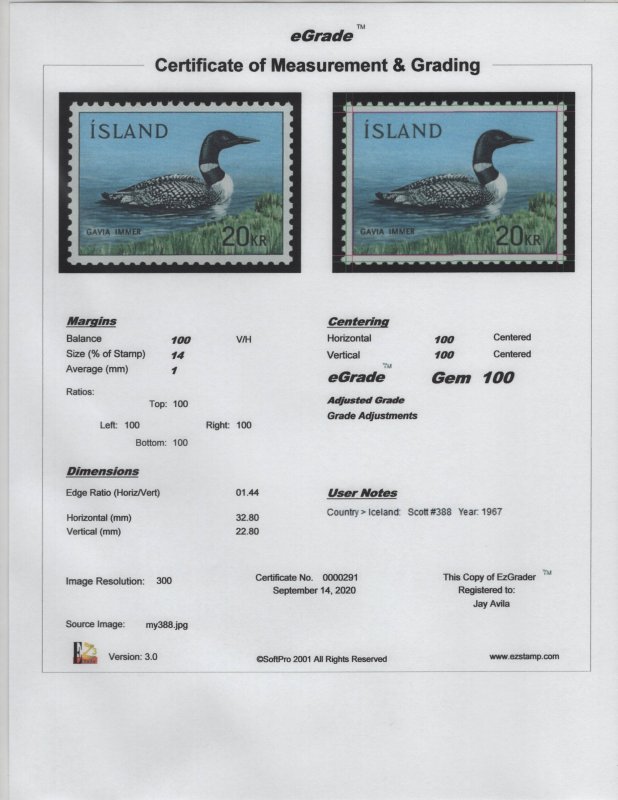 Iceland Scott #388 OG MNH eGRADED With Certificate Gem 100
