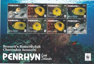 Penrhyn # 580, WWF, Bennets Butterflyfish, Full Sheet, NH, 1/2 Cat.