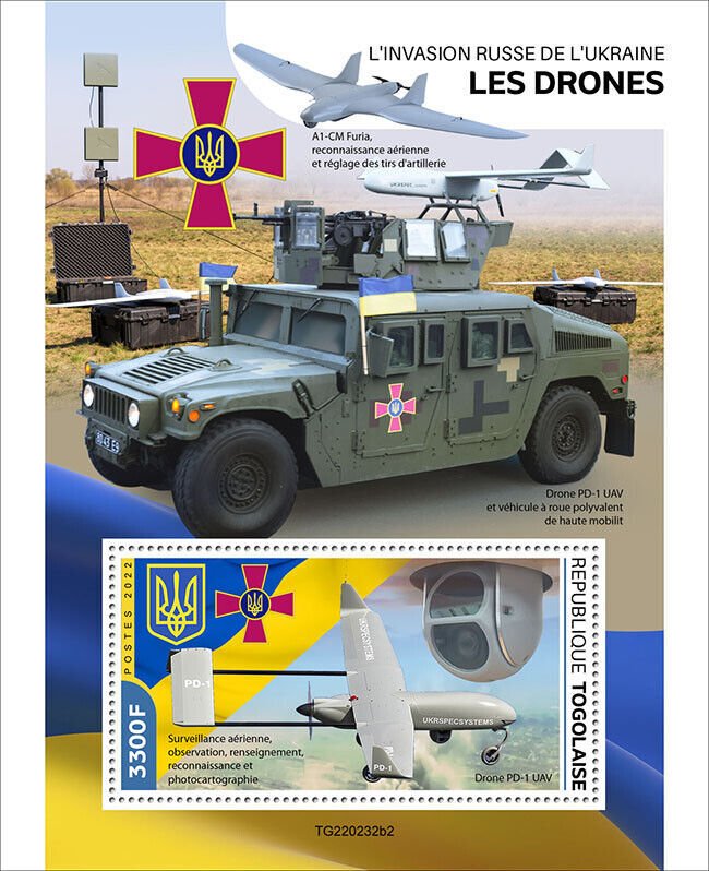 TOGO 2022 RUSSIAN INVASION OF THE UKRAINE DRONES SET OF TWO  S/SHEETS  MINT NH