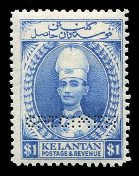 Malayan States - Kelantan #28S (SG 39s) Cat£130, 1933 $1 blue, perforated Sp...