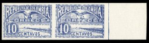 Colombia #244 Cat$10+, 1903 10c dark blue on greenish blue, sheet margin hori...