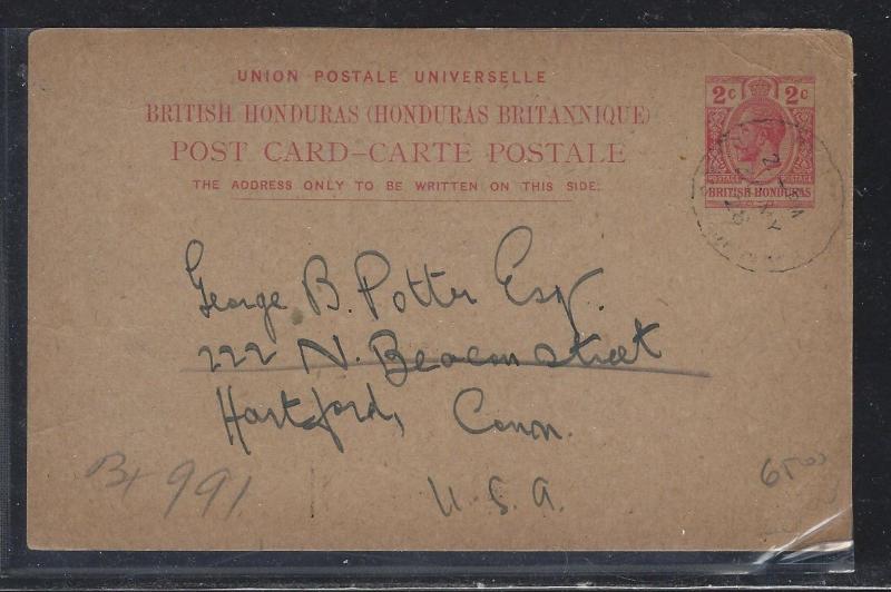 BRITISH HONDURAS  (PP2107B)  1928  KGV 2C PSC FROM BELIZE TO USA