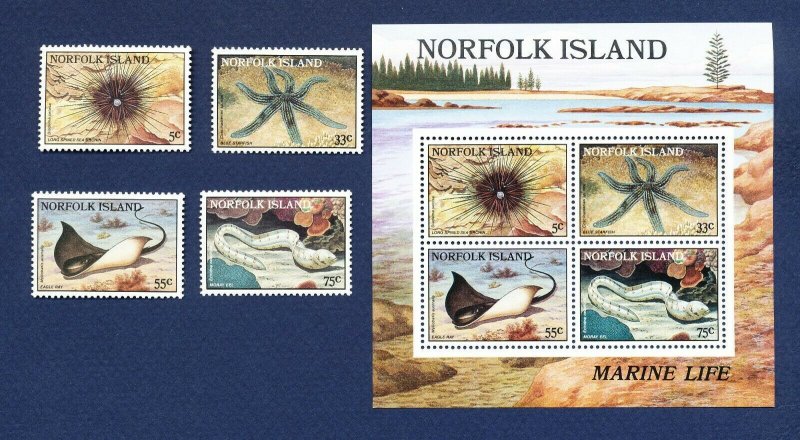 NORFOLK ISLAND - 377-380a  - VF MNH - FISH, Shell fish - - 1985