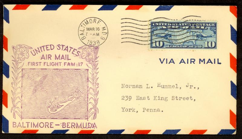 USA 1938 FIRST FLIGHT COVER BALTIMORE to BERMUDA FAM 17 Sc C7
