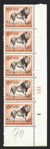 1959-60 South Africa Animal 6d Scott #225 WMK 330 Sheet Corner STRIP F/VF-NH-