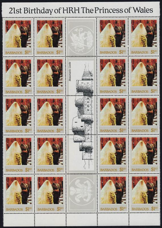 Barbados 585-8 Gutter strips of 20 MNH Princess Diana 21st Birthday, Crest