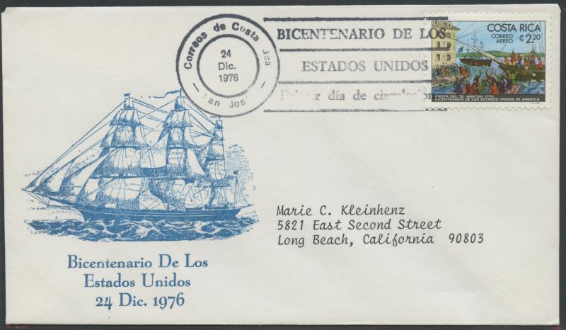 Costa Rica First Day Cover (FDC) Scott C680 - United States Bicentennial | Ships