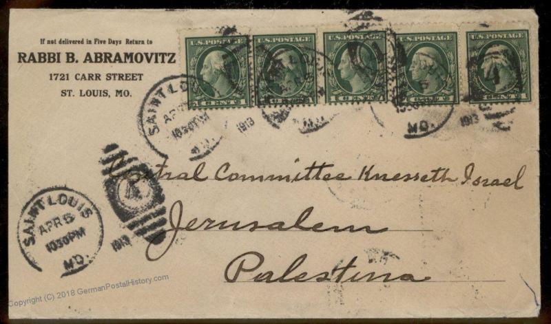 USA 1913 Rabbi Abramovitz St Louis MO Jerusalem Israel Palestine Cover 89423