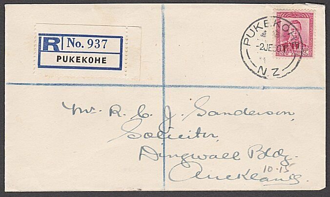 NEW ZEALAND 1950 GVI 6d rate Registered cover ex PUKEKOHE...................B573