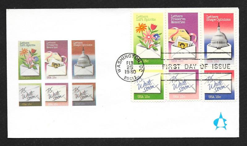 UNITED STATES FDC 15¢ Letter Writing BLOCK 1980 Andrews