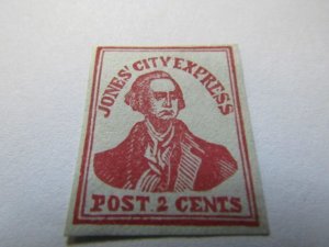US Local Stamps 1800's Jones' City Express Post 2c Stamp, Red on Bl...
