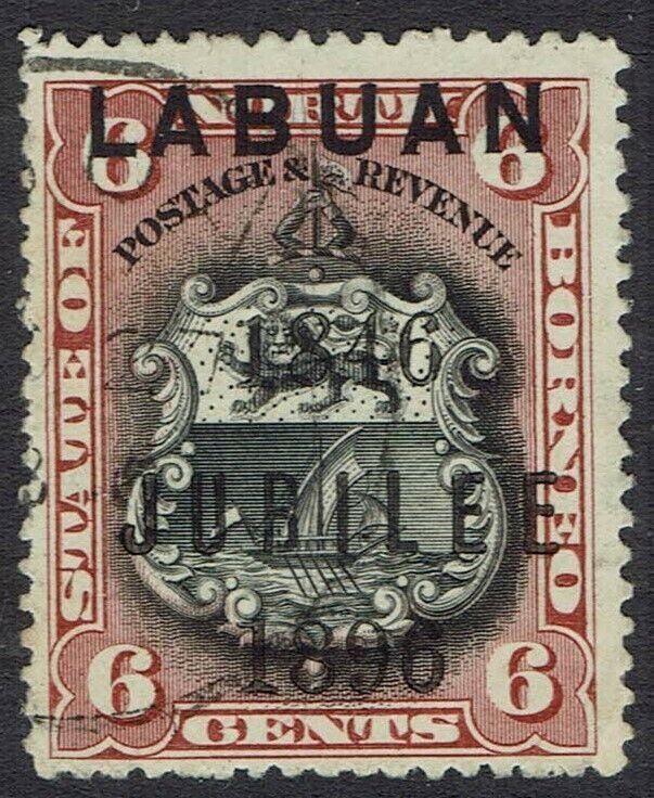 LABUAN 1896 JUBILEE OVERPRINTED ARMS 6C PERF 14½- 15 USED