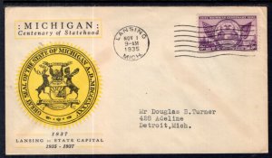 US 775 Michigan Statehood Linprint Typed FDC