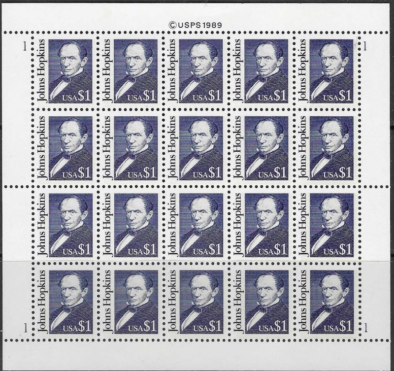 US #2194  $1.00 John Hopkins' pane of 20  (MNH) CV $48.00