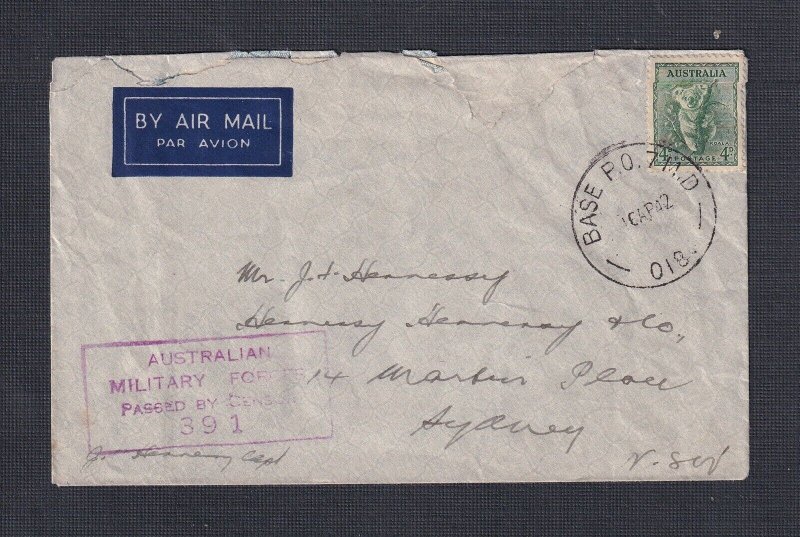 AUSTRALIA 1941 WW2 CENSORED COVER KATHERINE BASE P.O. 7 M.D 018 TO SYDNEY