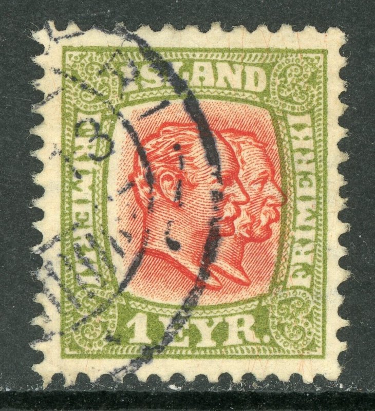 Iceland 1907 Two Kings 1e Yel Gr & Red Perf 13 Scott 71 VFU C804