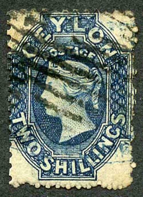 Ceylon SG72bx 2/- Deep Blue Wmk Crown CC (thin) Used