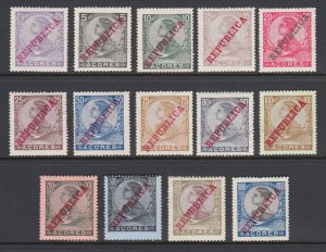 Azores Sc 126-139 MOG. 1910 REPUBLICA overprints, cplt set, few thins, HRs.